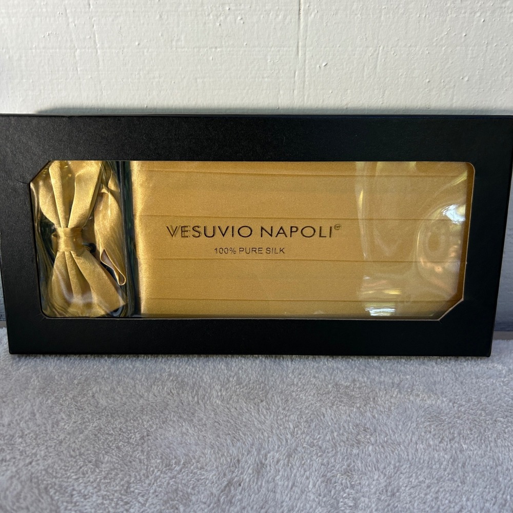 Vesuvio Napoli Gold 100% Pure Silk Cummerbund and Bow Tie Set Formal Wear